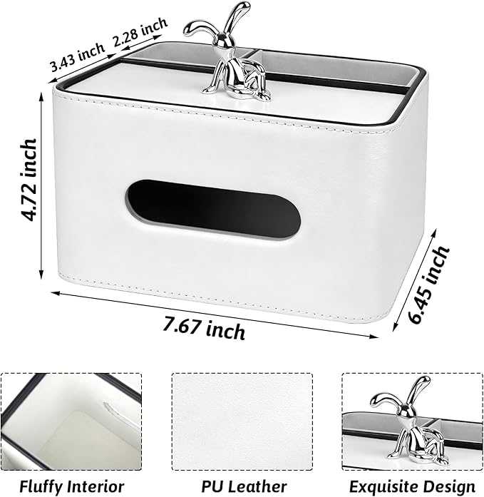 PU Leather Tissue Box Cover Square - Multifunctional Tissue Box Holder with Storage, Tissue and Remote Control Holder Organizer with Compartments for Bedroom Nightstand, Desk, Living Room (White)