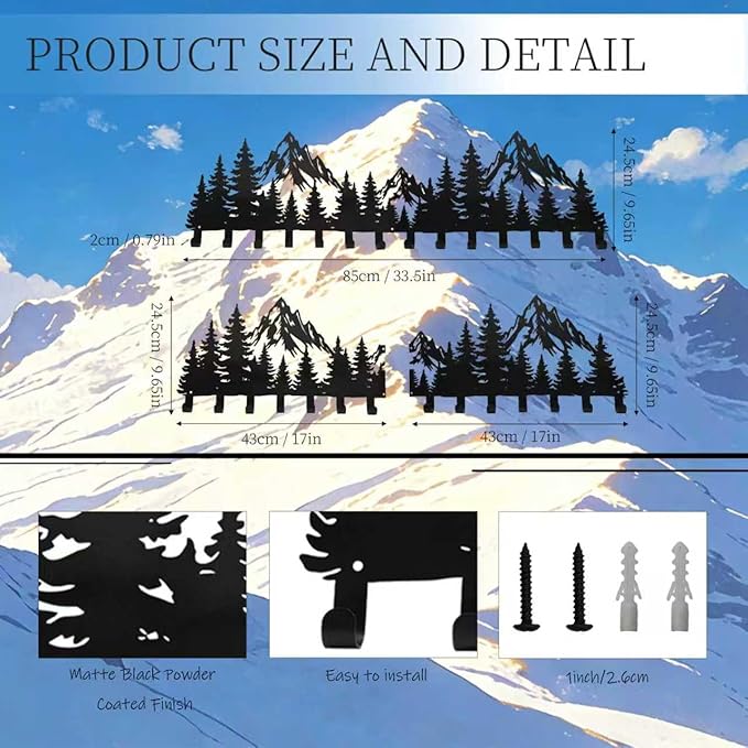 Large Black Mountain Wall Decor Coat Rack with 14 Hooks, Decorative Forest Wall Hanger for Cabin Entryway Front Door Bathroom Kitchen Office Home Wall Mount Holder for Key, Hat, Bag, Cloth