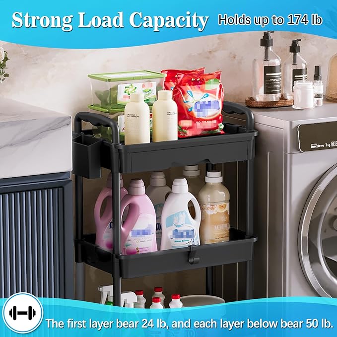 3 Tier Rolling Storage Carts with Removable Drawers, Lockable Wheels, Hooks & Cup Holders â Easy Assembly Storage Organizer for Kitchen, Bathroom, Office, Craft Room, Makeup, Black