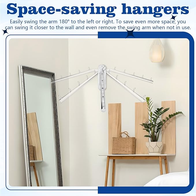 2 Pack Folding Clothes Rack, Stainless Steel Swing Arm Clothing Racks for Hanging Clothes, Closet Organizers and Storage Space Saving Drying Rack, Hooks for Hanging Wall Mounted