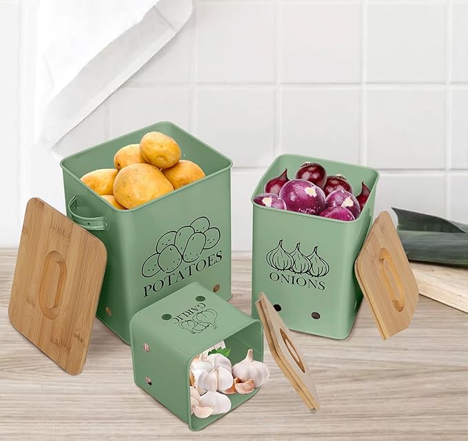 Kitchen Canisters Set, Storage Bin for Potato Onion & Garlic, 3 Pack Set Countertop Pots Containers with Wooden Lid - Potato Storage, Garlic Bin, Onion Keeper Tin with Aerating Holes-Green