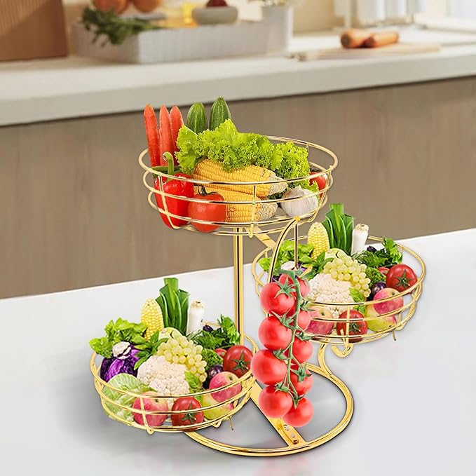 Livabber Fruit Basket Bowl with Banana Hanger, Fruit Vegetable Storage Basket with Banana Tree Holder for Kitchen Counter, Detachable Organizer for Bread Snack Produce (Gold, 3-Tier Metal Base)