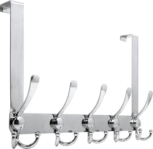 WEBI Over The Door Hook,Door Hanger Hook Rack with 5 Tri Hooks for Hanging Coats, Over The Door Towel Rack Door Coat Hanger Door Coat Rack for Bathroom,Behind Back of Door,Silver
