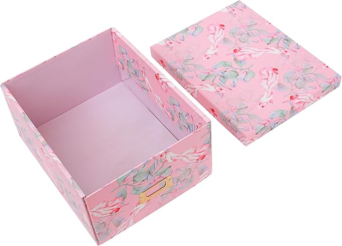 Decorative Storage Box with Lid, Foldable, Pink Floral, Metal Label Frame, Vintage, Cardboard Paperboard Keepsake box, Photo Storage for Memory, Home Decor, knick-knacks and Wool Organizer