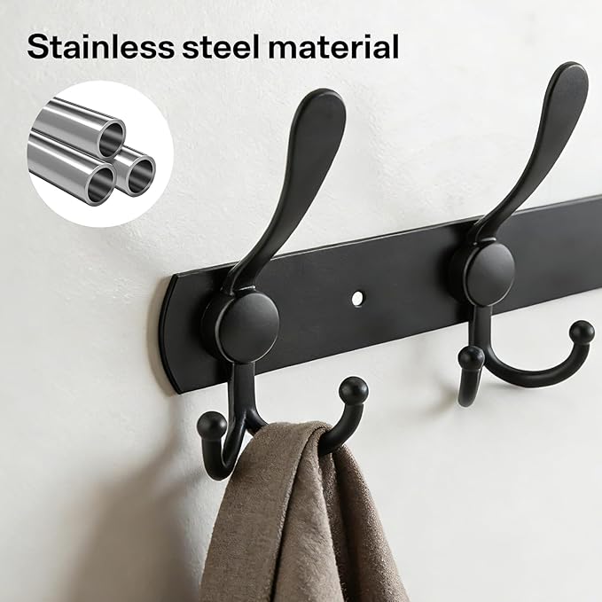 Black Wall Mounted Coat Rack – L-Shaped Towel Rack for Hats - 5 Tri Hooks, Heavy Duty, Stainless Steel, Metal Coat Hook Rail for Coat Hat Towel Purse Robes Mudroom Bathroom Entryway (Black, 2 Packs)