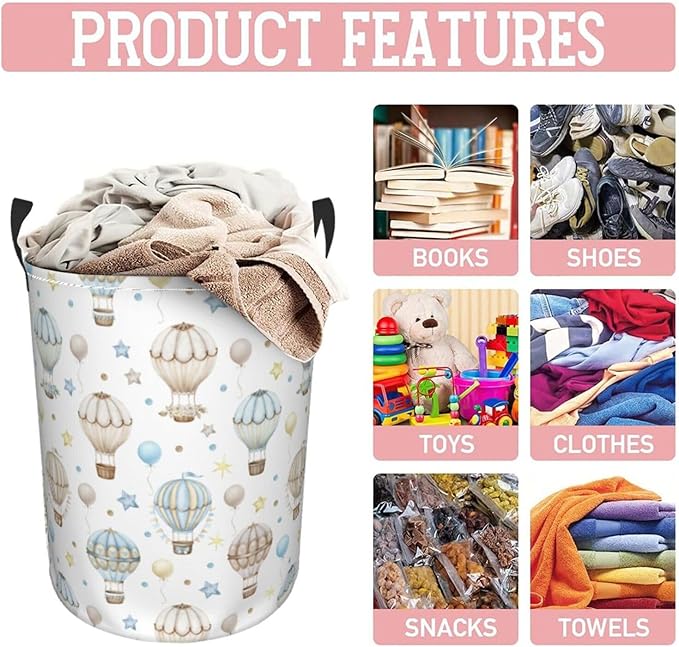 Watercolor Hot Air Balloon Round Laundry Hamper Storage Basket Toys Clothes Organizer Bin For Home Bathroom Bedroom Dorm Nursery, 38l