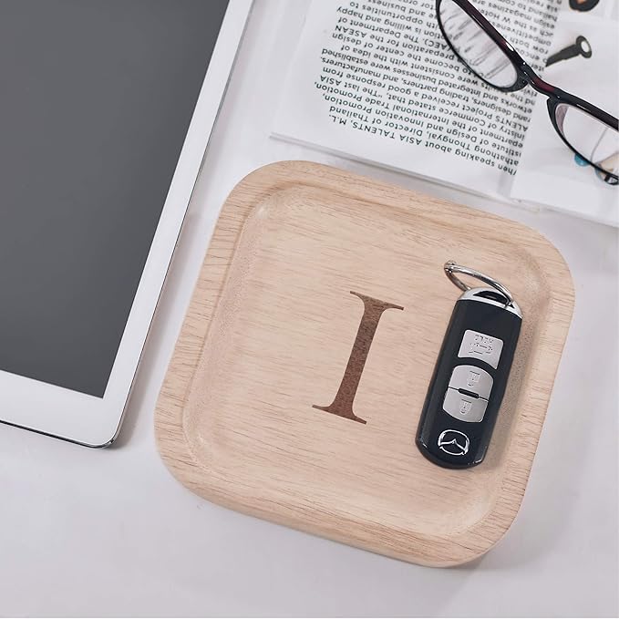 Wooden Personalized Letter Catchall Valet Tray Trinket Dish Jewelry Tray Key Bowl Decorative Plate Organizing Ring Earrings Necklaces Bracelet Watch Coins Wallet Holder (6"x6" Sq Natural "I")