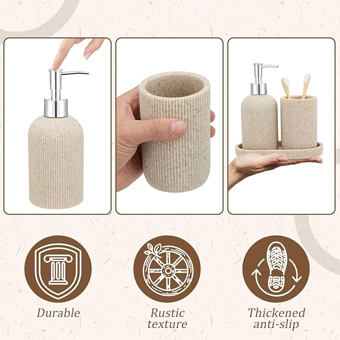 3 Pcs Toothbrush Holder, Soap Dispenser and Toothbrush Holder, Stripes Decorative Tray Set, Vanity Tray for Bathroom, Frosted Farmhouse Decor