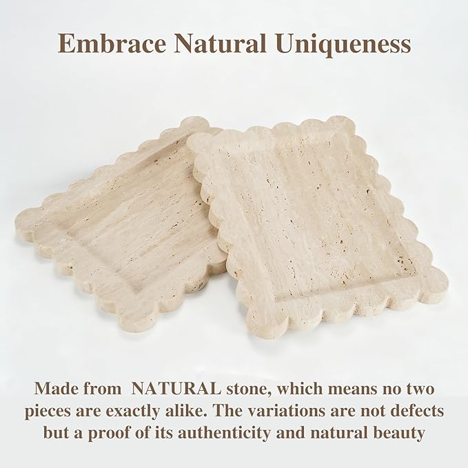 Luxury Beige Travertine Tray with Scalloped Edge, 11"x8" Rectangle Vanity Tray for Bathroom & Kitchen Counter, Decorative Organizer Tray for Dresser, Coffee Table, Home DÃ©cor