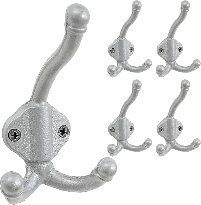 Dseap Cast Iron Wall Hooks L=5”, Heavy Duty Coat Hooks, Rustic Vintage Farmhouse Hook for Hanging Winter Coats Jackets Towels Hats Bags Plants, Silver, Pack of 5 (GripBold)