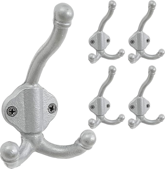 Dseap Cast Iron Wall Hooks L=5”, Heavy Duty Coat Hooks, Rustic Vintage Farmhouse Hook for Hanging Winter Coats Jackets Towels Hats Bags Plants, Silver, Pack of 5 (GripBold)