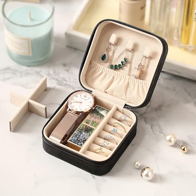 Travel Jewelry Case, Mini Portable Jewelry Travel Boxes, Small Jewelry Organizer for Rings, Earrings, Pendants, Watches, Necklaces, Lipsticks Organizer Storage Holder Case (Black)
