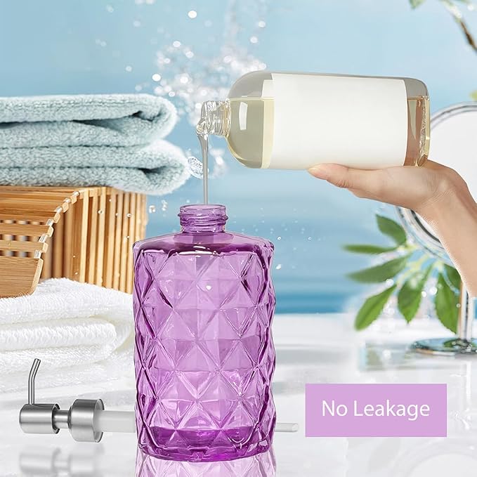 12Oz Purple Soap Dispenser Bathroom - 2 Pack, Clear Glass Hand Soap Dispensers with Stainless Steel Pump, Refillable Dish Soap Dispenser for Kitchen, Countertop Soap Dispensers
