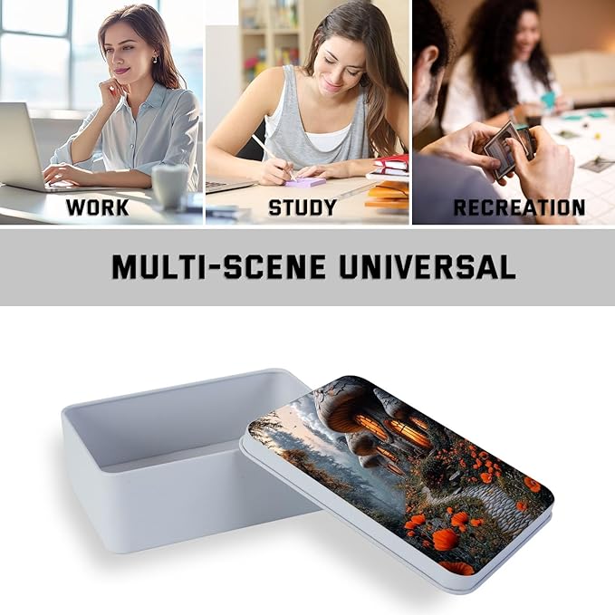 Metal Tin Box with Lid,Multi-functional Storage Box Can Store Tea Biscuits Game Cards, Playing & Tarot Cards-Comes with 4 Magnetic Cord Clips,Mushroom Houses in Forest