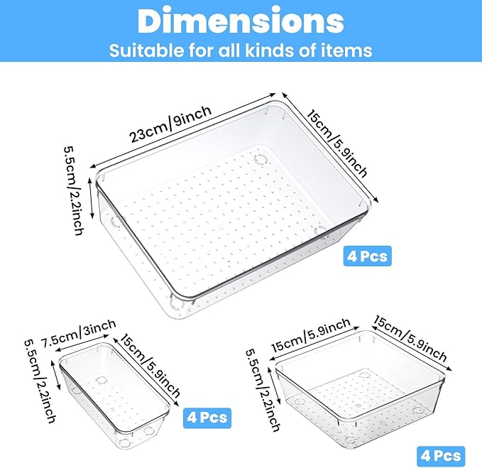 Clear Drawer Organizer, 12 Pack Large plastic Set, 3 Size Versatile Bathroom and Clear organizer bins,Vanity Organizer Trays, Storage Bins for Makeup, Bedroom, Kitchen Utensils
