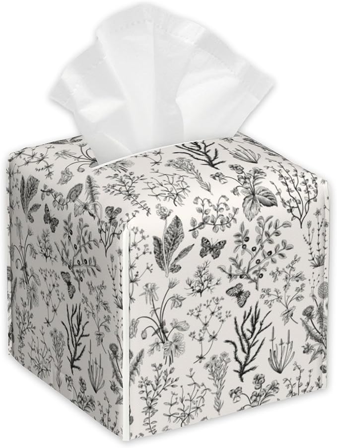 Vintage Wild Flowers Tissue Box Cover Square,Herbs Tissue Box Holder with Belt Bottom,Stylish Leather Napkin Holder for Vanity Countertop,Nightstands,Office Desk,5.2"Ã5.2"Ã5.2"