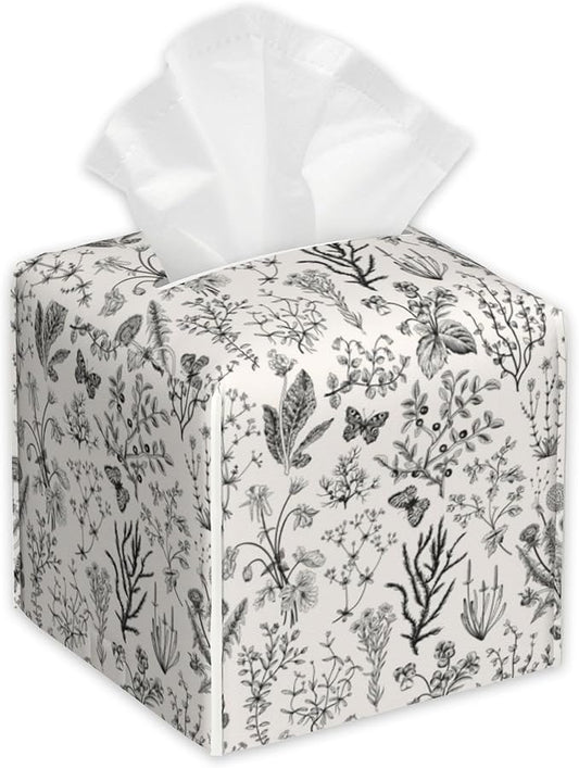 Vintage Wild Flowers Tissue Box Cover Square,Herbs Tissue Box Holder with Belt Bottom,Stylish Leather Napkin Holder for Vanity Countertop,Nightstands,Office Desk,5.2"Ã5.2"Ã5.2"