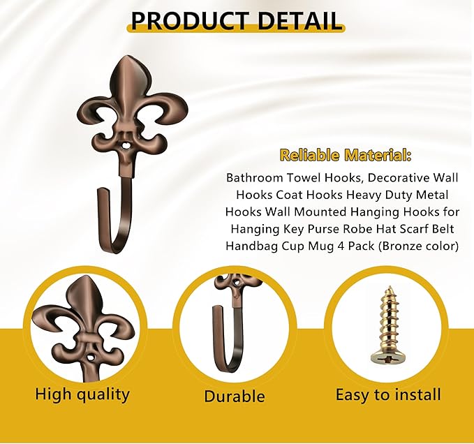 Decorative Wall Hooks for Hanging Things, Vintage Fleur De Lis Metal Coat Hooks, Heavy Duty Bronze Rustic Hooks for Key, Jewelry, Curtain Tie Backs, Towel, Hat, Small Decorative Hardware 4 Pack