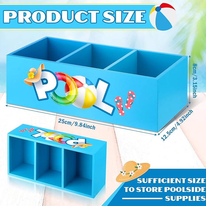 Pool Storage Basket Summer Swimming Pool Wooden Box with 3 Compartments Colorful Toilet Tank Tray for Indoor Outdoor Summer Beach Decor Sunblock Sunglasses Flip Flop Storage Box