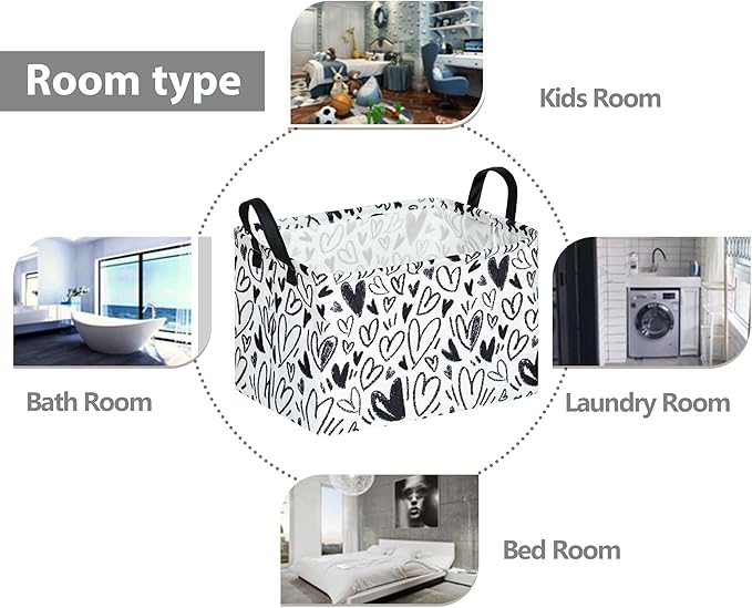 Valentine's Day Gift Basket Rec Black Heart Print Box Hamper Storage Basket Collapsible Organizer Bin Gift Shelf Baskets for Home and Kitchen