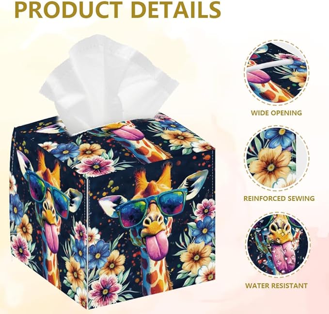 Giraffe Tissue Box Holder, Square Tissue Box Cover Foldable Tissue Storage Box Waterproof Paper Towel Case Container Organizer Tissue Box Holder for Bedroom Office Bathroom Car Nightstand