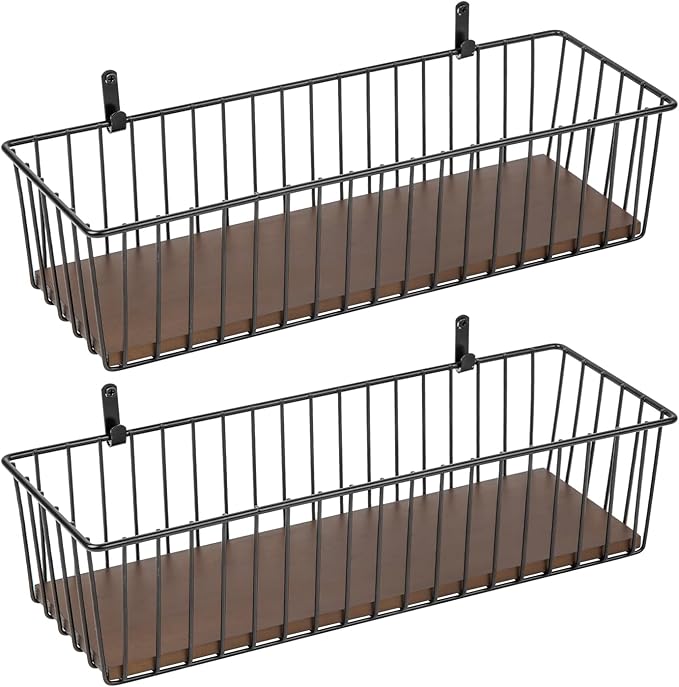 Wetheny Extra large Hanging Wire Basket with Detachable Wood Base and Steel Hooks - Farmhouse Décor Toilet Paper Basket - Wire Storage Basket for Bathroom, Kitchen, Pantry, Garage ( Pack 2 )