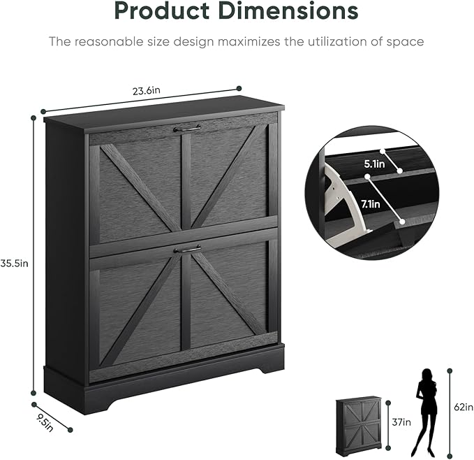 Shoe Cabinet, Shoe Storage Cabinet for Entryway with 2 Flip Drawers, Narrow Farmhouse Shoe Organizer Cabinet, Slim Shoe Rack Cabinet, 31.5in Black