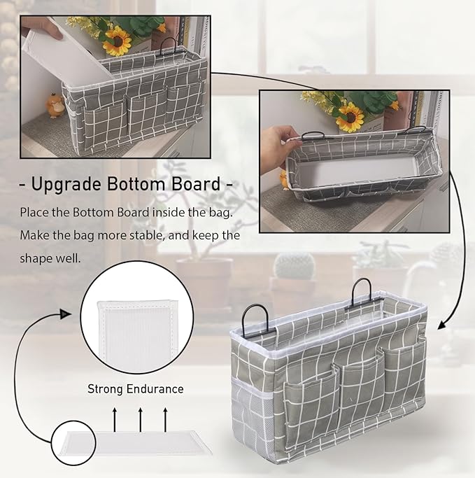 2pcs Light-Style Wall Hanging Storage Bag, Linen Fabric Door Hanging Organizer Baskets with Pockets, Waterproof Bin for Bedroom, Kitchen, Office, RV Camper (GreyGrid-2pcs)