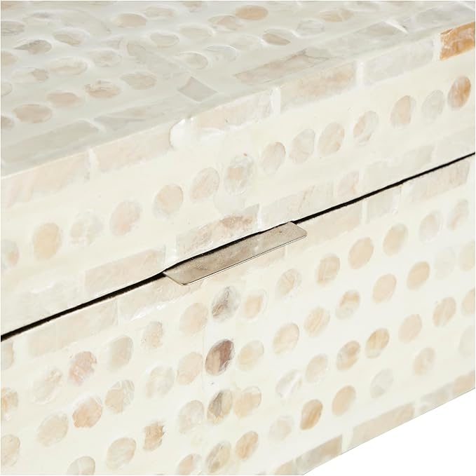 Deco 79 Mother of Pearl Shell Geometric Handmade Decorative Box Mosaic Dot Storage Decorative Keepsake Box with Brown Accents, Set of 2 Storage Box 12", 8"W, Cream