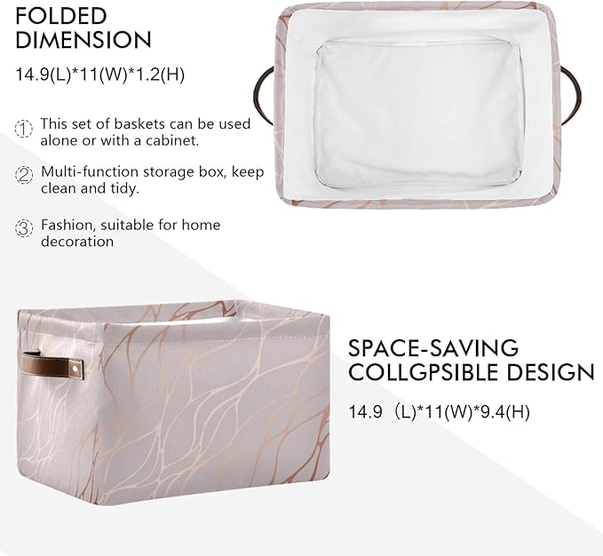 AUUXVA Storage Basket Rose Gold Marble Texture Storage Cube Box Durable Canvas Collapsible Toy Basket Organizer Bin with Handles for Shelf Closet Bedroom Home Office