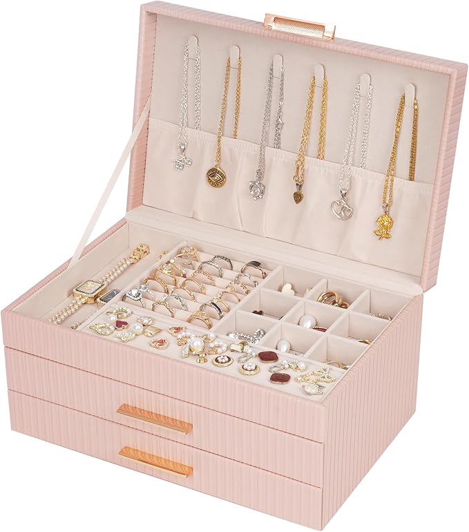 Dajasan Jewelry Box for Girls, Jewelry Organizers and Storage, Large Jewelry Organizer Box with 2 Drawers, Gift Idea for Christmas, Valentine's Day, Birthday, Mother's Day (Pink)