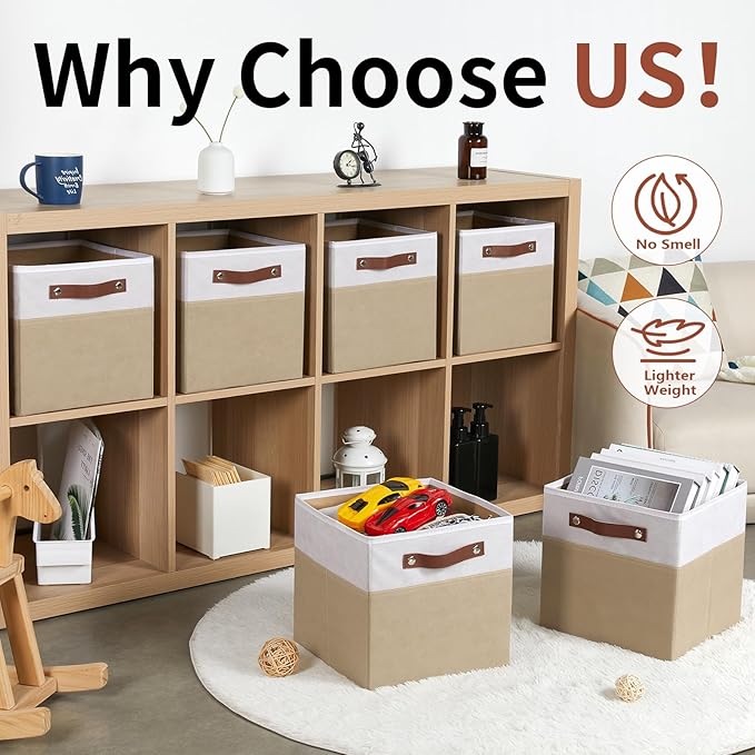 HNZIGE Cube Storage Organizer Bins,Shelf Fabric Storage Bin 11 x 11, 6 PCS Canvas Linen Organizers Bins,Decorative Storage Cube Bin for Storage Blanket Home, Office(White Beige)