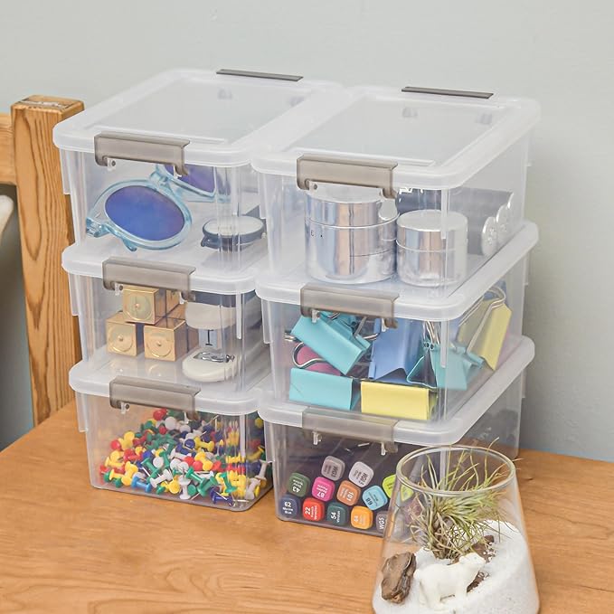 Small Storage Bins with Lids 3.2 QT- 8 Packs Plastic Storage Containers for Organizing Stackable Clear Storage Boxes,Clear White