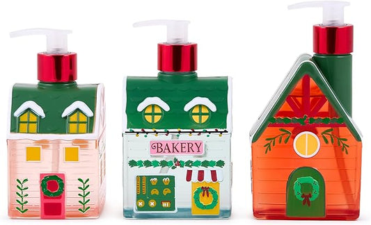 Simple Pleasures Christmas Holiday Village 3 Pack - Frosted Strawberry, Snow Flurries, Peppermint Swirl Scented Decorative Refillable Soap Dispensers for Kitchen Countertops and Bathroom Sinks