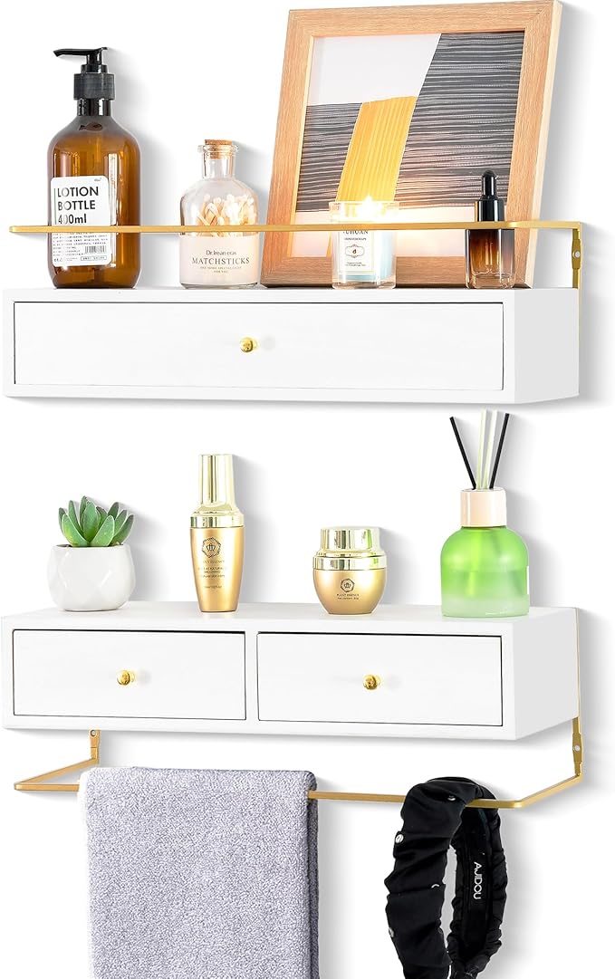 Floating Shelves With Drawers Set of 2 - Wall Mounted Storage for Bathroom, Living Room, Kitchen - Rustic Wood Wall Decor for Plants, Books