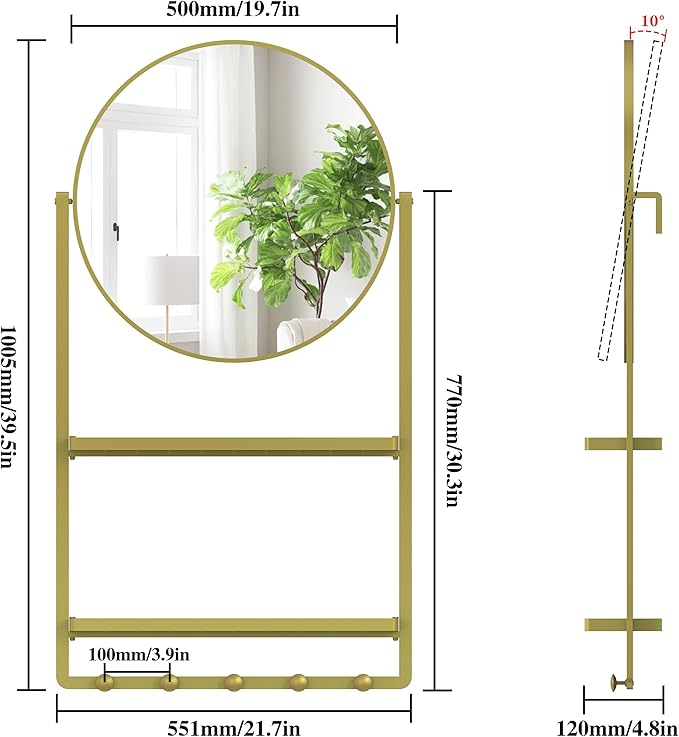 WONSTART 39.5" × 21.7" Gold Round Wall Mirror with Shelf and Hooks, 10° Adjustable Tilt Metal Frame Bathroom Mirror with Shelf for Bedroom, Entryway, Living Room