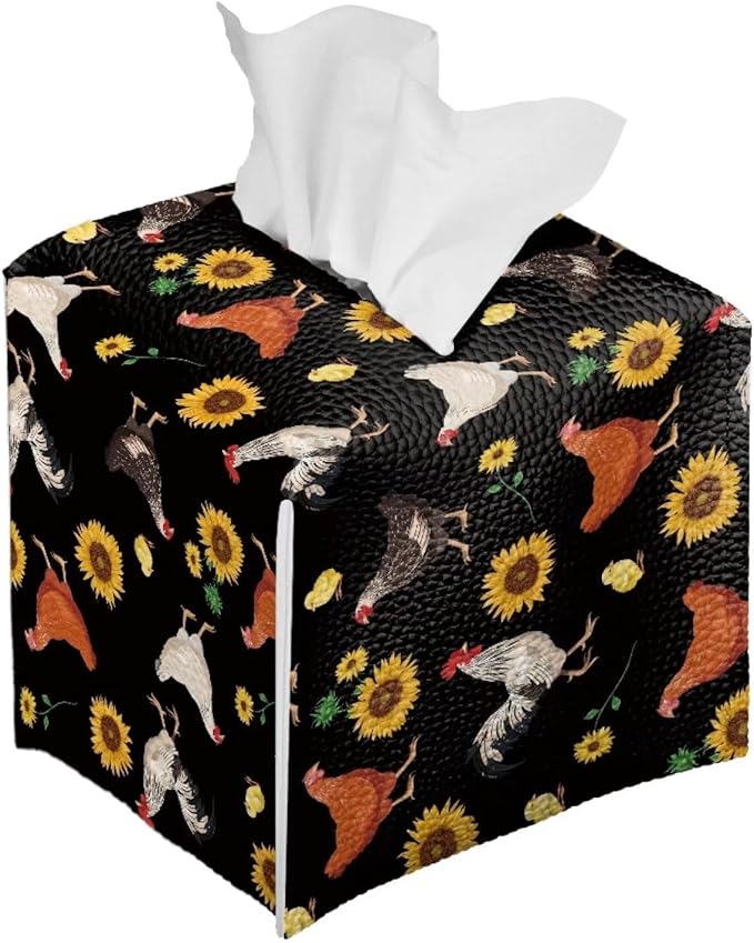 Rooster Chicken Sunflower Tissue Box Cover Modern Tissue Case Facial Paper Organizer Dispenser Square Decorative PU Leather Tissue Box Holder for Vanity Countertop