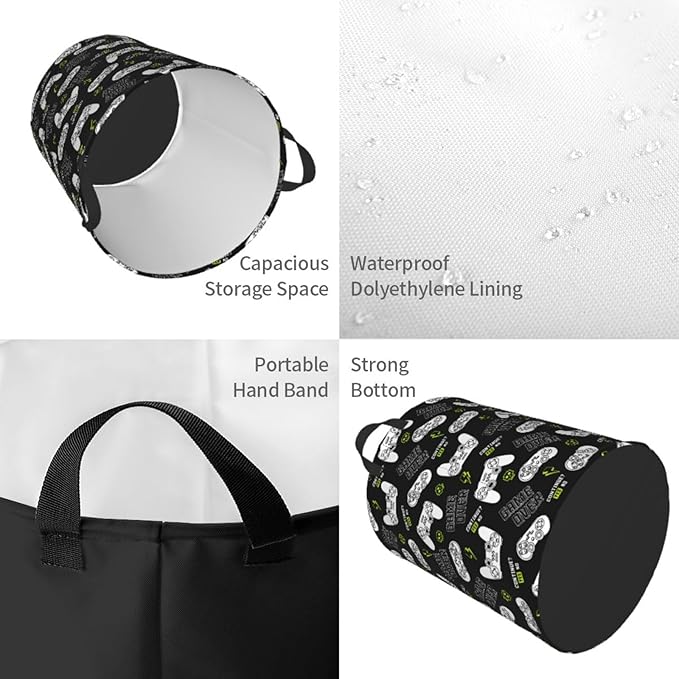 Game Controllers Pattern Round Laundry Hamper Gaming Joysticks Gamepad Storage Basket Toys Clothes Organizer Bin For Home Bathroom Bedroom Dorm Nursery, 62l