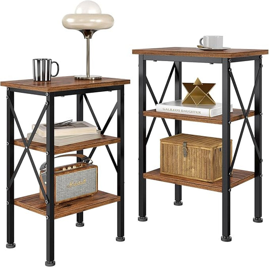 VECELO End Table, 24" Tall Wood Living Room X-Design Reinforced Side Tables, Nightstands with 3-Tier Wood Storage Shelves for Small Spaces, Office, Bathroom, Bedroom, Retro Brown, 2 Pack