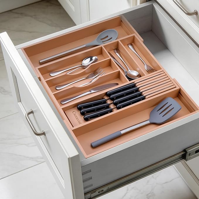 9-Piece Bamboo Kitchen Drawer Organizer Set, Expandable Silverware &Utensil Organizer with Removable Knife Block & Steak Knives, Flatware Organization, Tableware Dividers Storage(Brown)