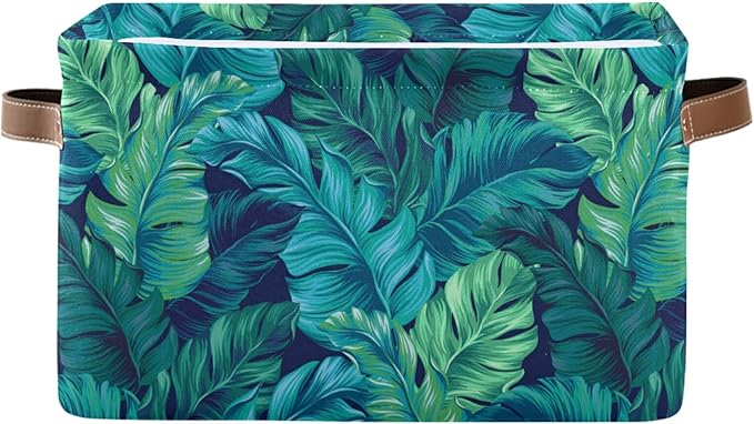 Bolaz Large Storage Basket Turquoise Tropical Leaves Green Foldable Storage Box Organizer Bins with Handles for Bedroom Home Office