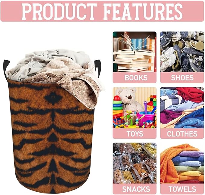 Tiger Animal Texture Round Laundry Hamper Storage Basket Toys Clothes Organizer Bin For Home Bathroom Bedroom Dorm Nursery, 38l