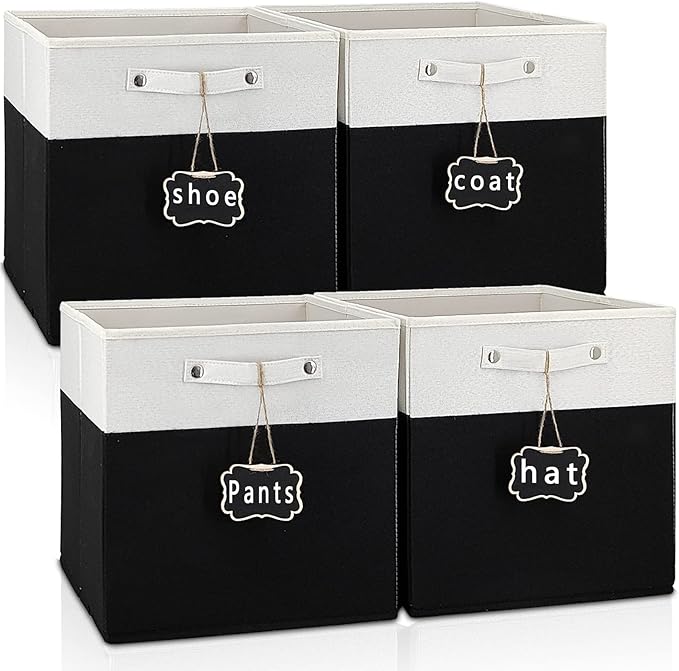 13x13x13 Inch Large Foldable Fabric Linen Cube Storage Bins【4-pack】, with Cotton Handles Closet Bins for Cabinet Shelves Home Organization and Storage bins(White&black)