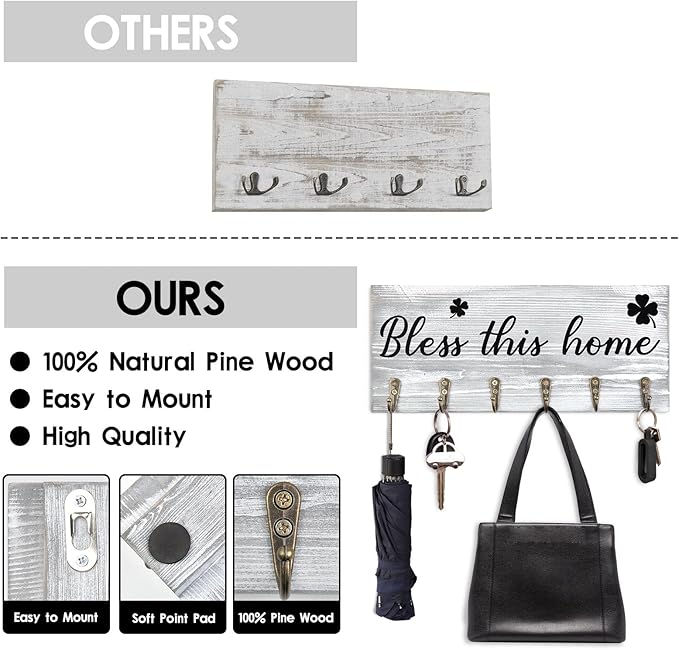 Key Holder Wall Mount with Words “Bless This Home”, Rustic Wooden Key Hanger with 6 Hooks for Farmhouse Home Entryway Living Room Decor - Light Grey