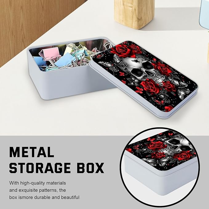 Metal Tin Box with Lid,Multi-functional Storage Large Box Can Store Tea Biscuits Game Cards, Playing & Tarot Cards-Comes with 4 Magnetic Cord Clips,Skull Roses Butterfly