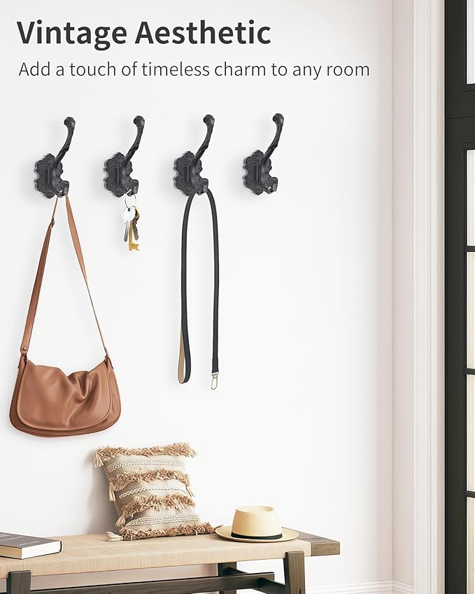 Vintage Coat Hooks Wall Mount, Unique Heavy Duty Wall Hooks for Hanging Towel Key Purse Hat Robe Clothes Decorative Hook for Bathroom Shower Closet Entryway Antique Black 4 Pack