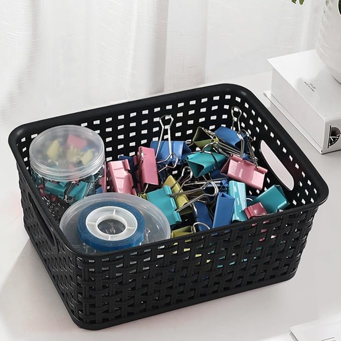 6-Pack Plastic Storage Baskets, Woven Shelf Basket with Cut Out Handle, Pantry, Classroom, Kitchen, Bathroom Organizer Bin, Black