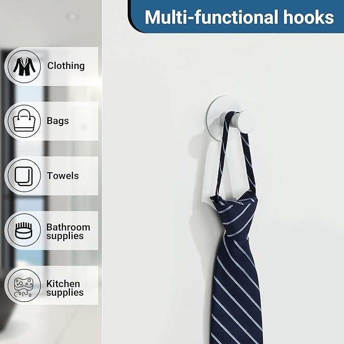 SAYAYO White Hooks for Hanging, Self Adhesive Hooks Coat Hook Wall Mount, White Towel Hook for Bathrooms, Stick on Hook SUS304 Stainless Steel, 4pcs
