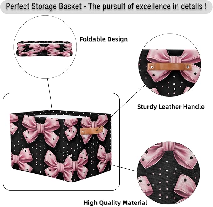 Storage Bins for Organization, Pink Bows Canvas Book Storage Bins with Handles, Bedroom Shelves Decorative Baskets for Organizing, Fabric Cube Bin Classroom Dorm Closet Organizer Box