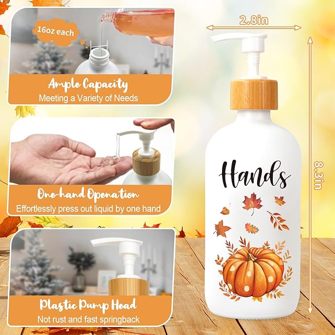 2Pcs Fall Soap Dispenser White Orange Pumpkin Leaves Glass Dispenser with Pump 16 Oz Refillable Liquid Soap Container for Autumn Harvest Thanksgiving Kitchen Bathroom